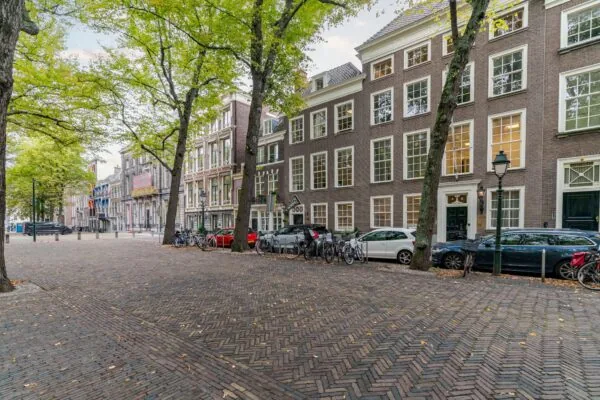 Boomrijke straat met klassieke grachtenpanden en geparkeerde fietsen en auto’s aan het Lange Voorhout in Den Haag.